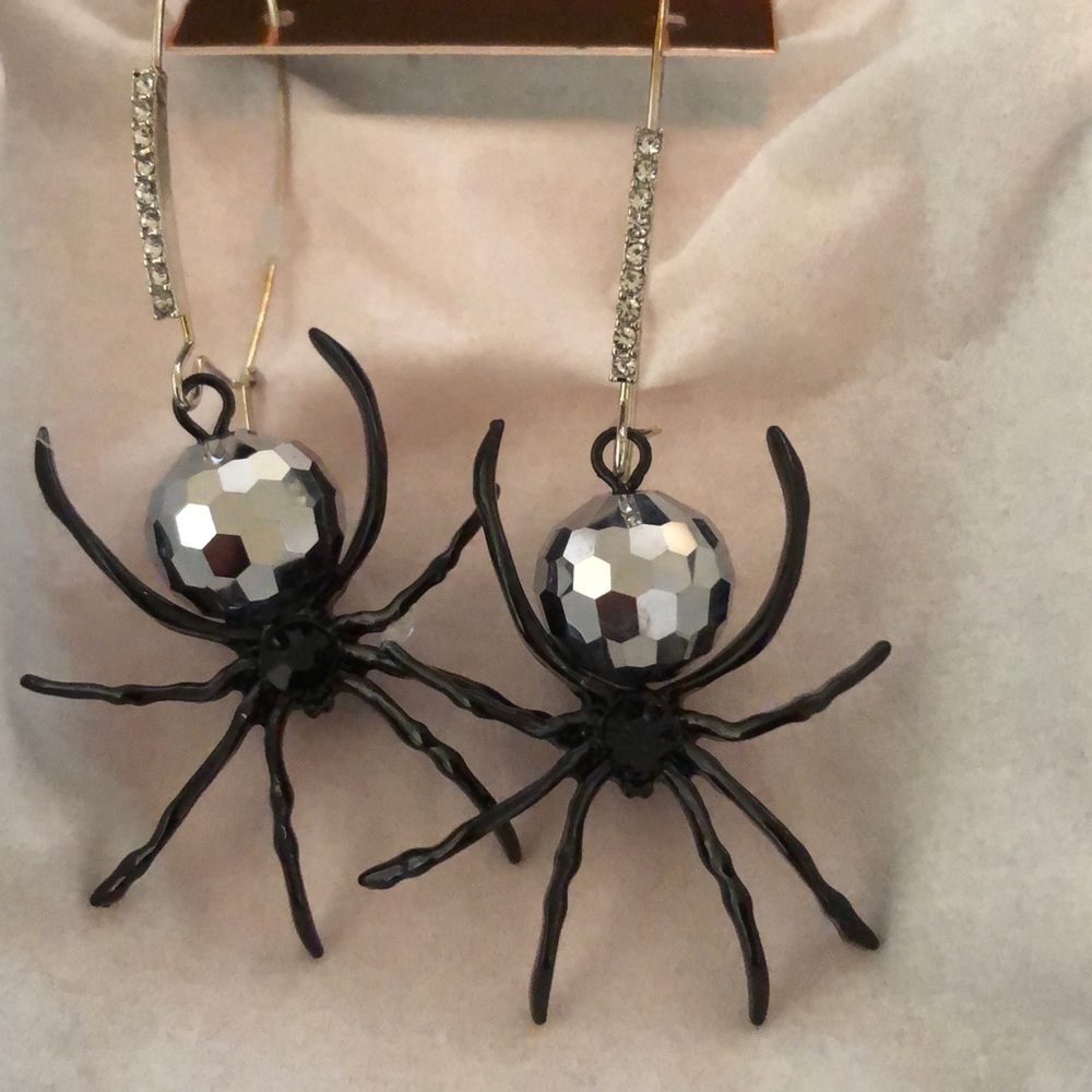 Authentic Betsey Johnson Earrings - Large Rhinestone Black Disco Ball Spider NIB